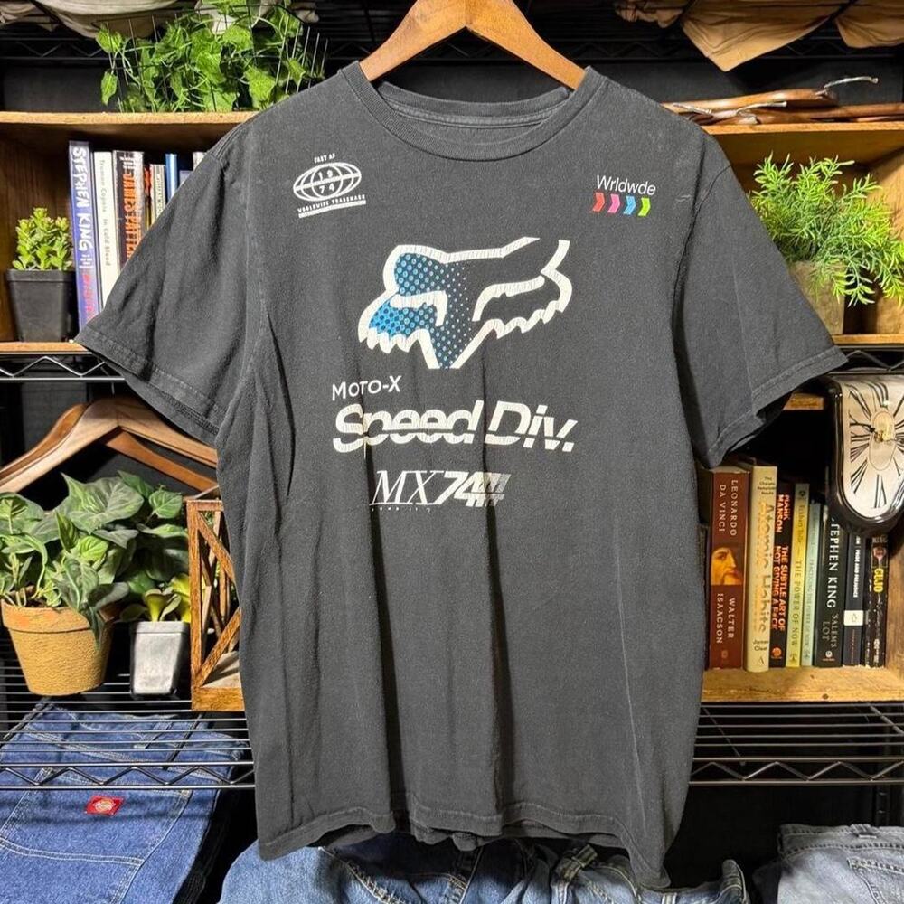Y2K Fox Racing Moto-X Tee Shirt Faded Black Skater Grunge Mens Medium